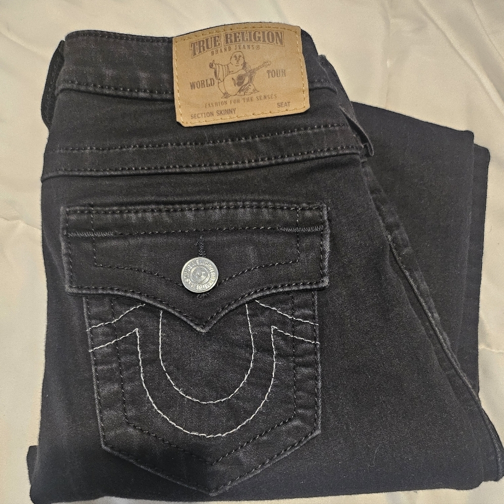 True Religion Black Jeans with White Contrast Stitching Low Rise